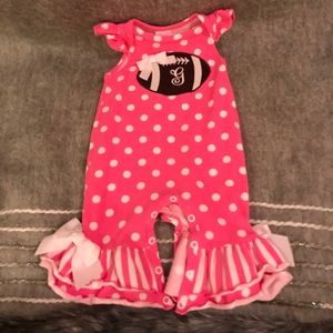Ric rac & ruffles football “G” mono romper